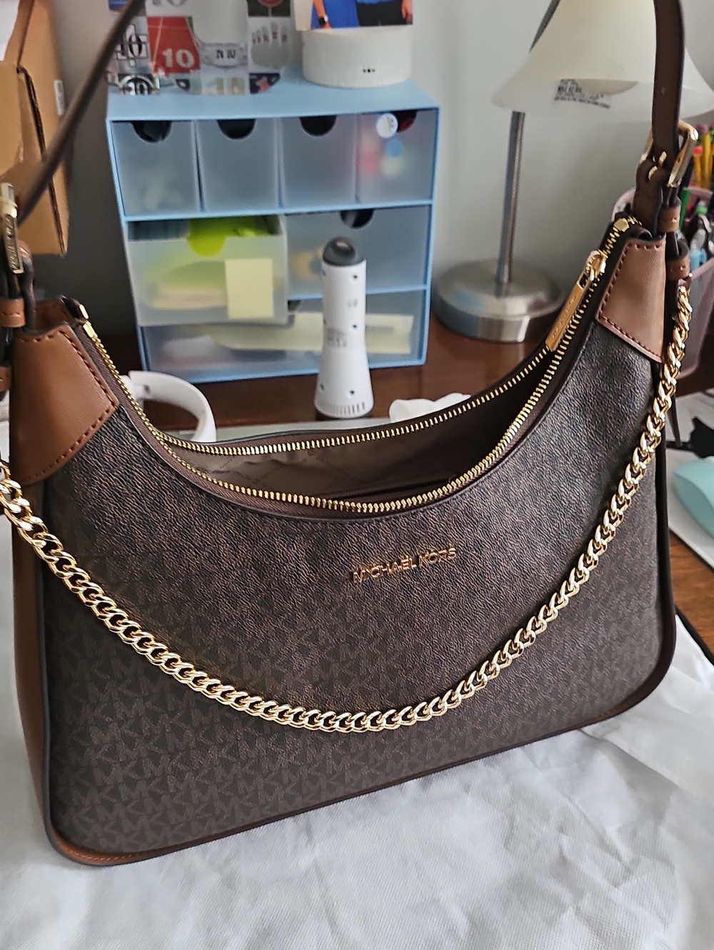 Michael Kors Mila Medium Signature Logo Shoulder Bag Brown Wallet Not Included.